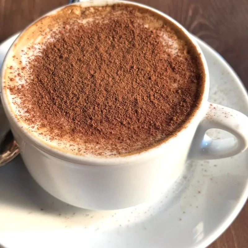 Una tazza di cappuccino con cacao in polvere